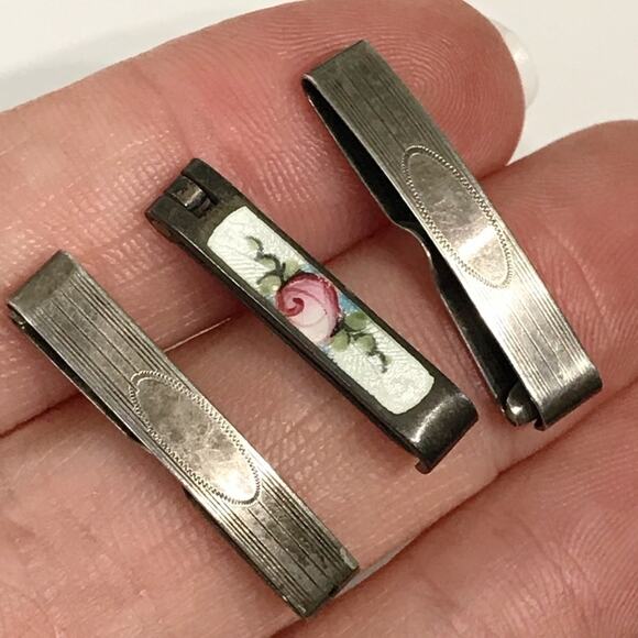 Vintage Guilloche Sterling Silver Enamel Hand Painted Rose Barrette Lot Set of 3 main image 4